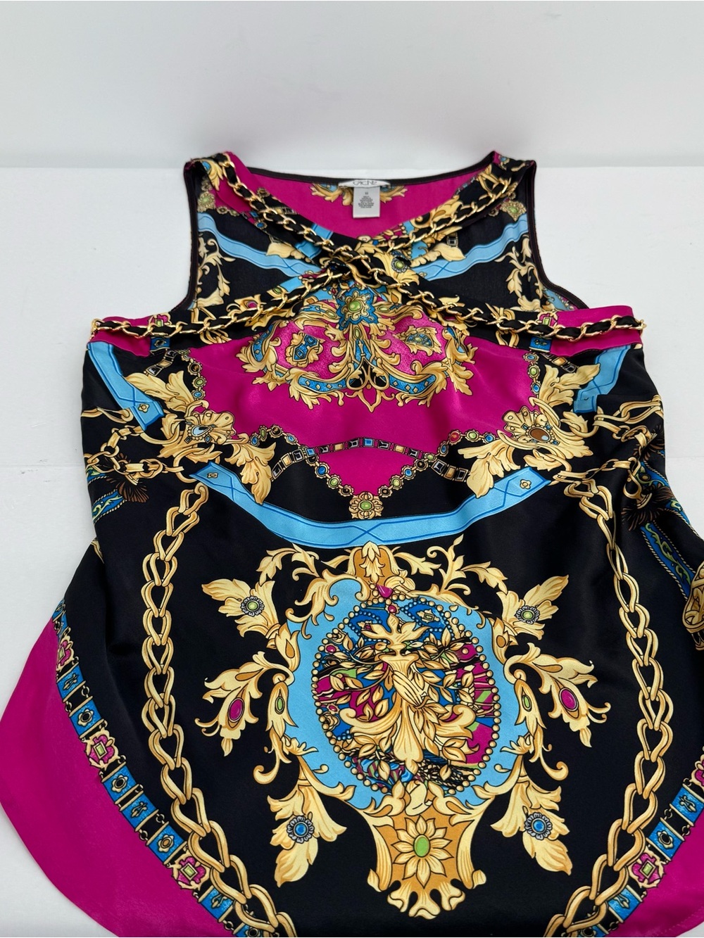 Vintage CACHE Halter Top M Medium  Gold Chain  Floral Print Top Silk